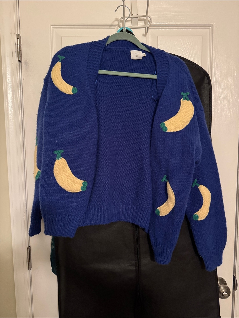 Blue Banana-Pattern Open-Front Cardigan Sweater
